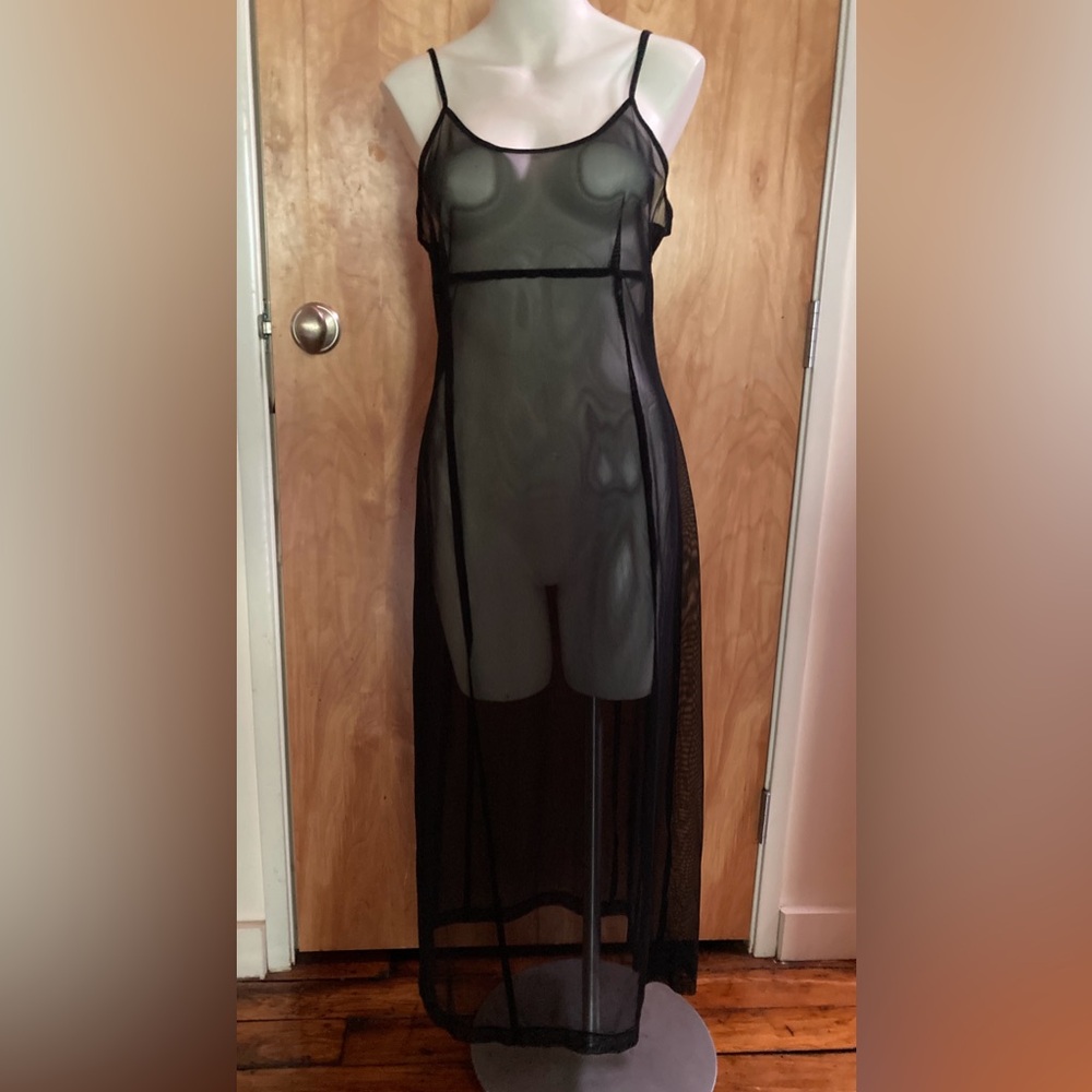 Vintage Henri Bendel Black Stretch Mesh Full Length Slip Dress/Slip Sz L